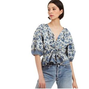 Love the Label Nikita Puff Sleeve Blouse Blue and White Floral Tie Waist Small